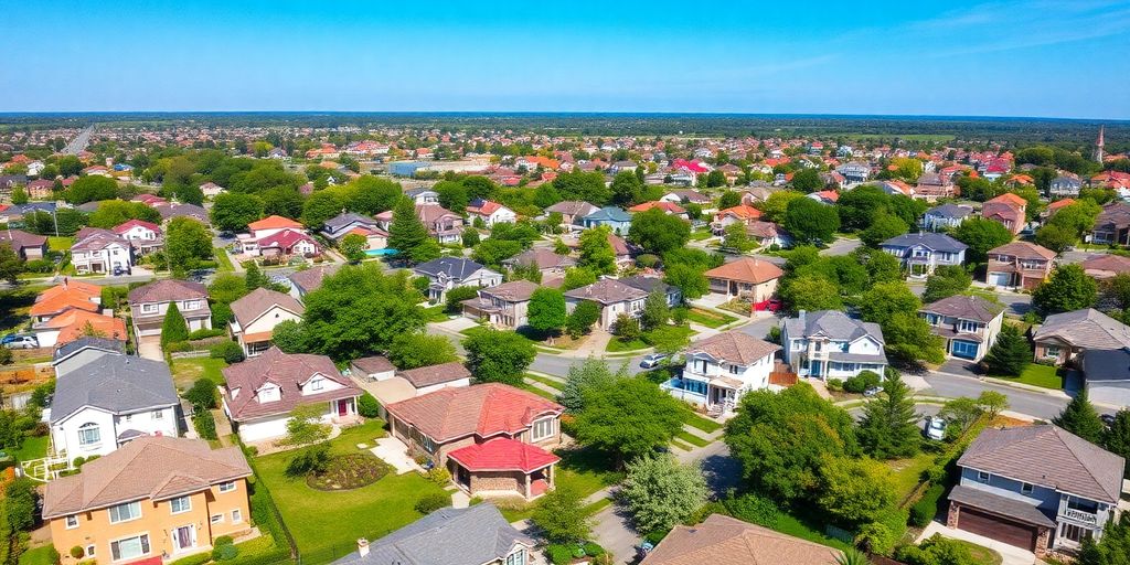 Aerial view of diverse residential properties and neighborhoods.