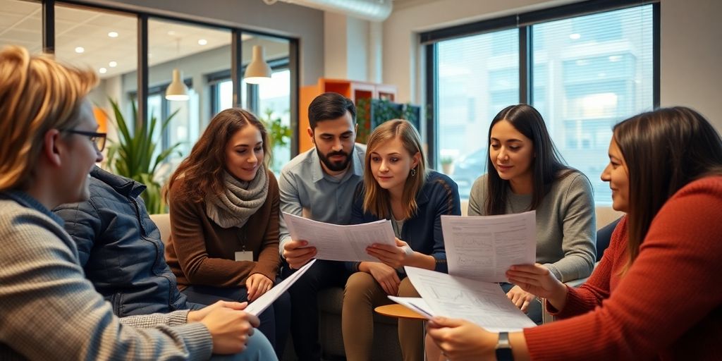 Group of people discussing investment strategies in an office.