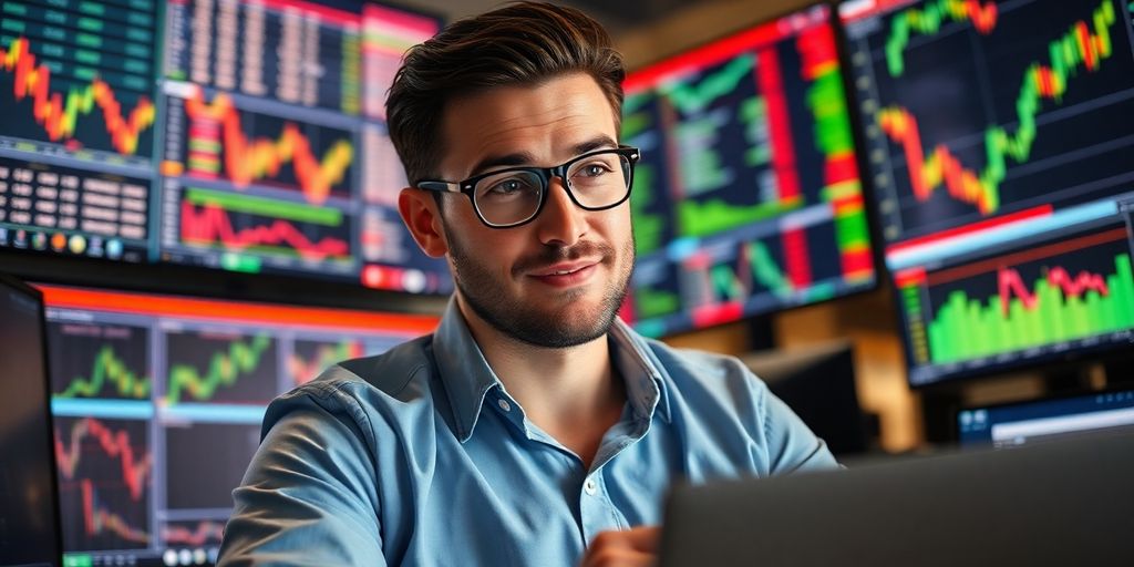 Trader analyzing stock options with financial data in background.
