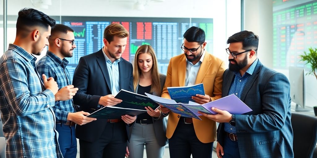 Group of diverse investors discussing stock market strategies.