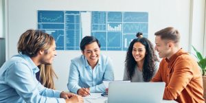 Diverse new investors discussing stock strategies in a modern setting.