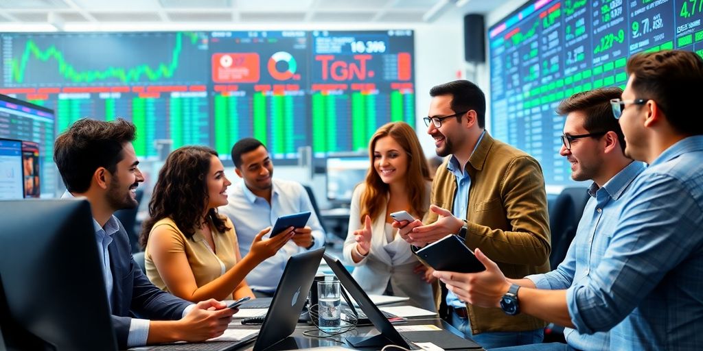 Diverse group of new investors engaged in stock trading discussion.