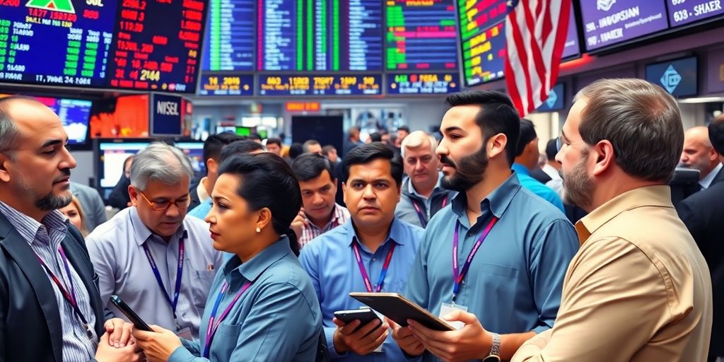 Diverse investors in a busy stock market environment.