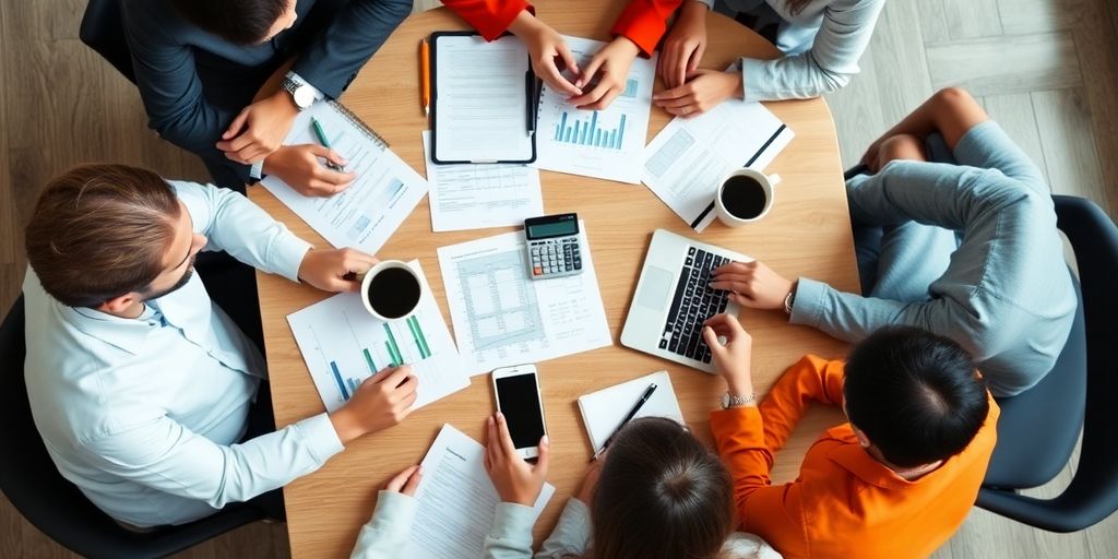 Team discussing financial strategies at a conference table.