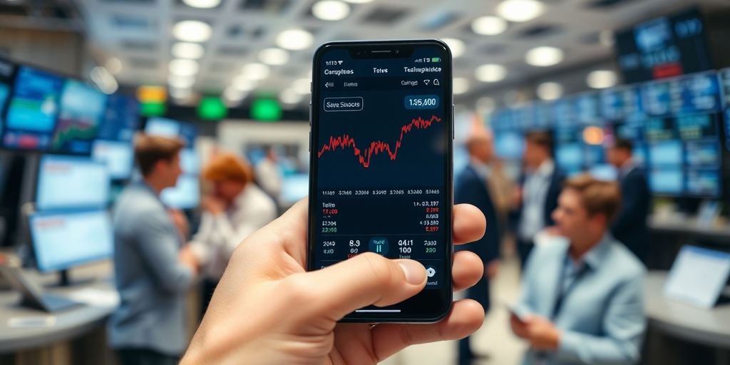Hand holding smartphone with stock market data displayed.