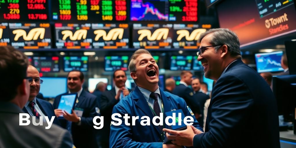 Traders discussing stock strategies in a busy trading room.