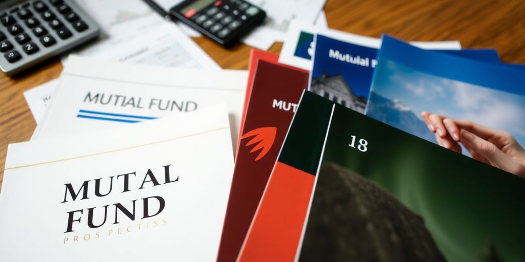 A collection of mutual fund prospectuses on a desk.