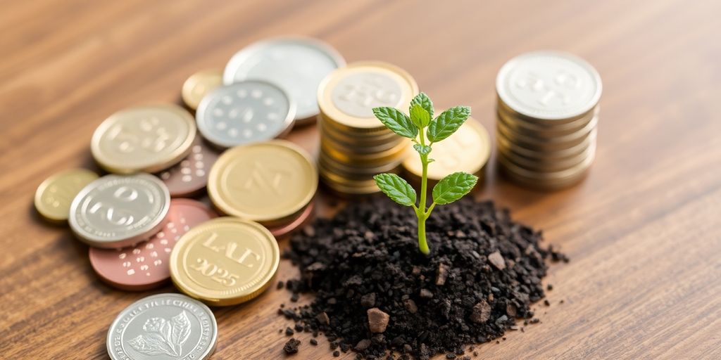 Coins, stocks, and a growing plant on a wooden table.