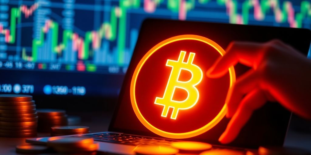Person trading cryptocurrency on a laptop with digital currencies.