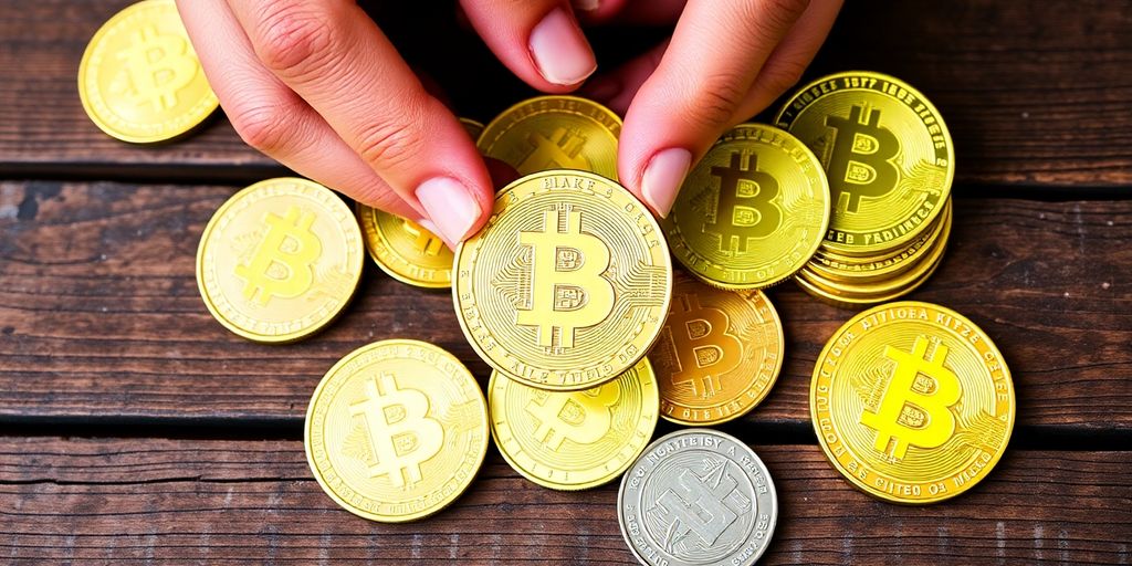 Close-up of hands holding cryptocurrency coins on wood.