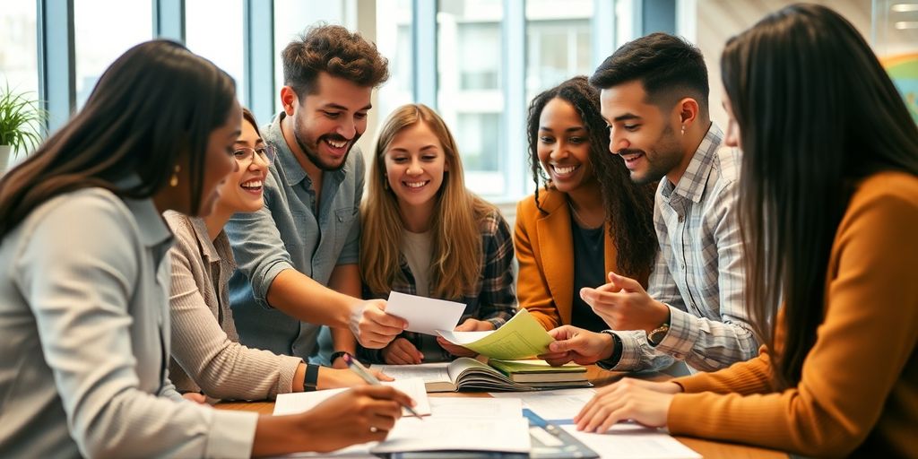 Diverse group of young adults discussing investment strategies together.