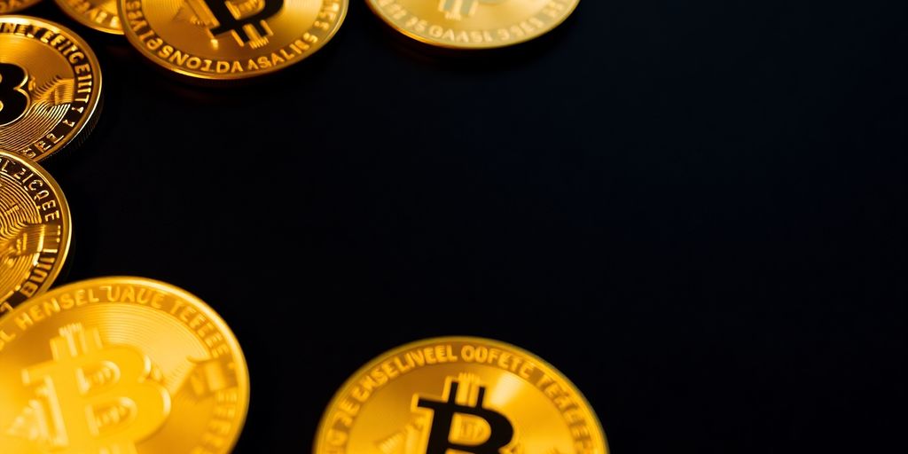 Close-up of golden cryptocurrency coins on a dark surface.