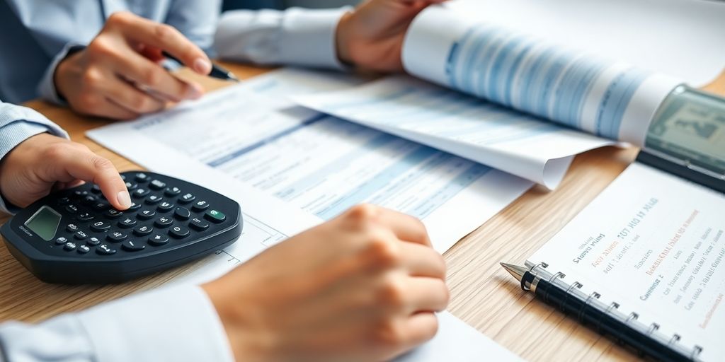 Person studying financial documents and tools on a desk.