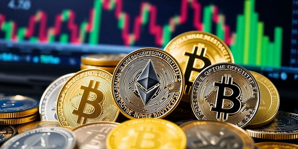 Close-up of various cryptocurrency coins on a table.
