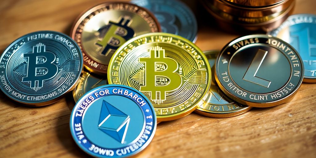 Close-up of cryptocurrency coins on a wooden surface.
