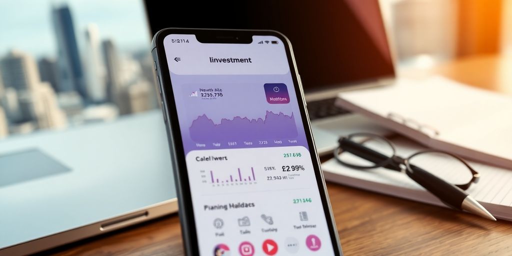 Smartphone displaying investment app with city skyline background.