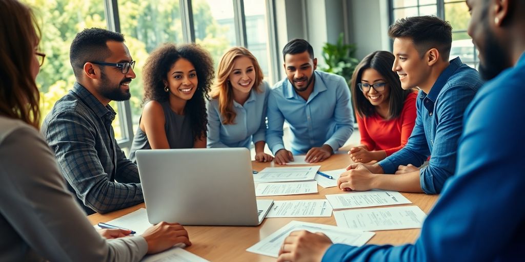 Group discussing real estate investing in a modern workspace.