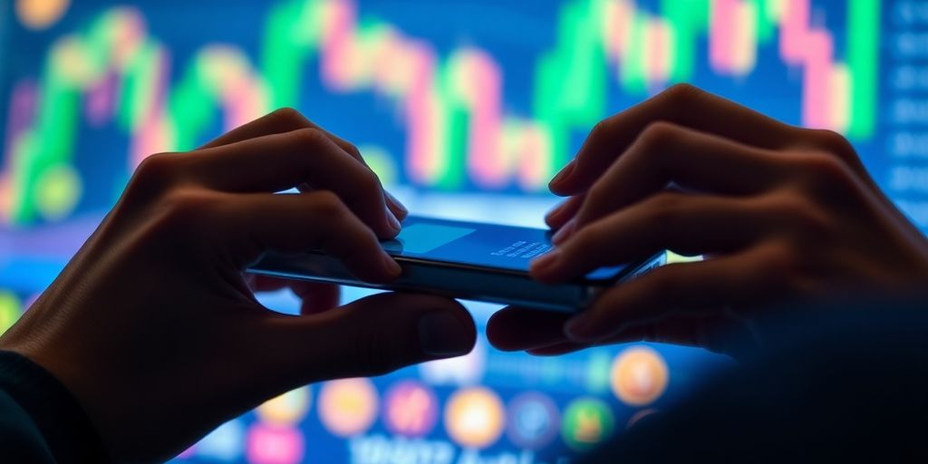 Person holding smartphone with cryptocurrency coins in background.