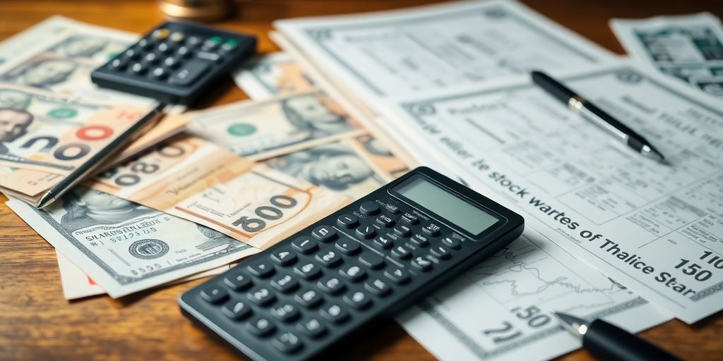 Photograph of currency, calculator, and stock certificates.