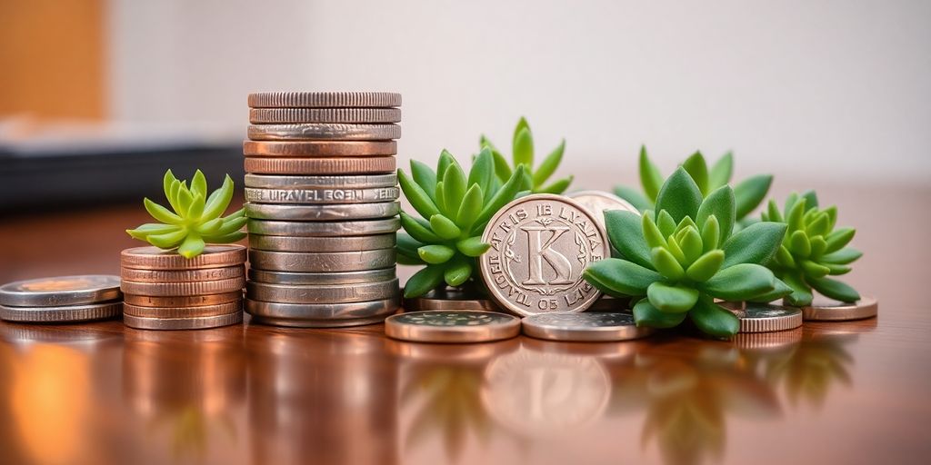 Coins and plants on a desk.