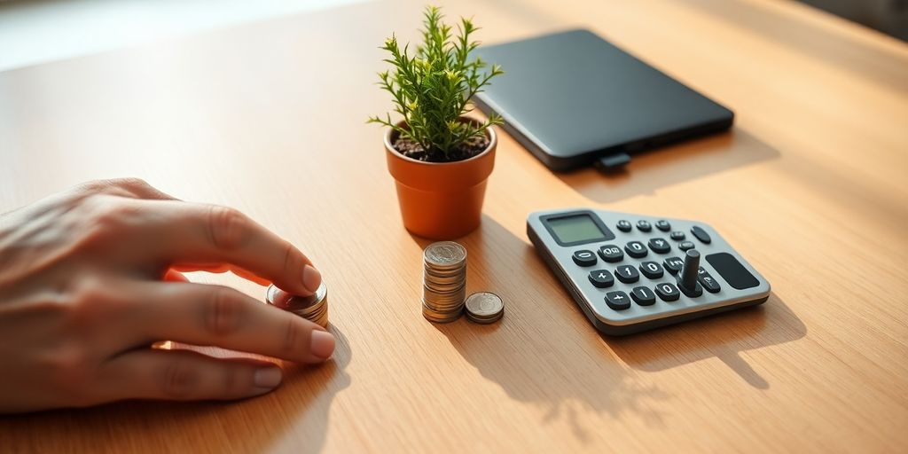 Person examining coins, small plant, and calculator.