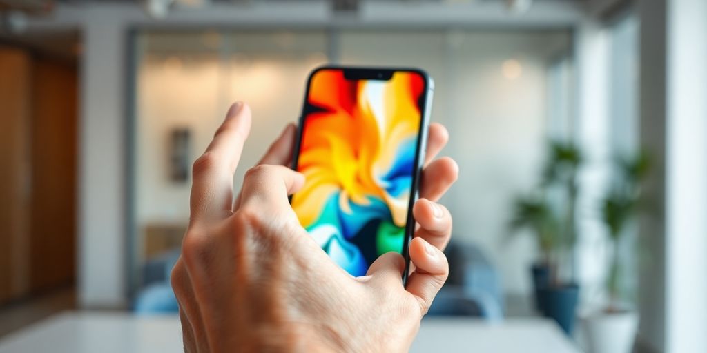 Hands holding smartphone displaying financial app.