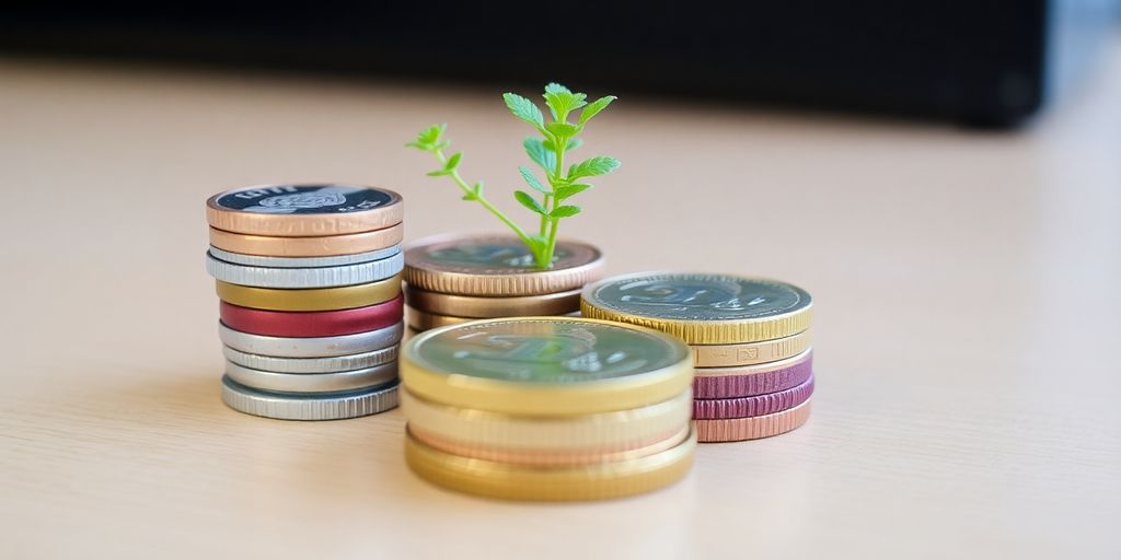 Colorful stacked coins and small green plant.