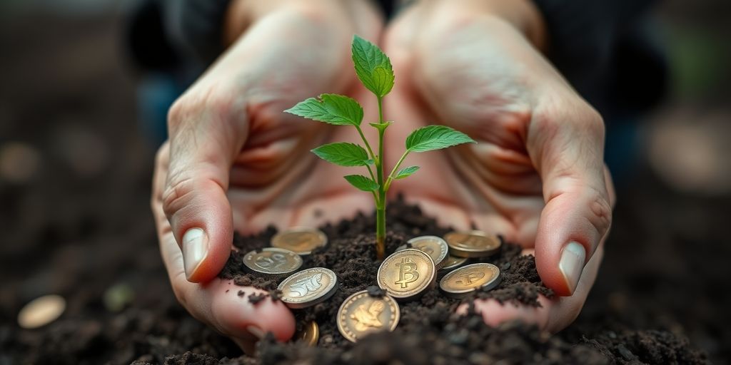 Hands holding small plant with coins