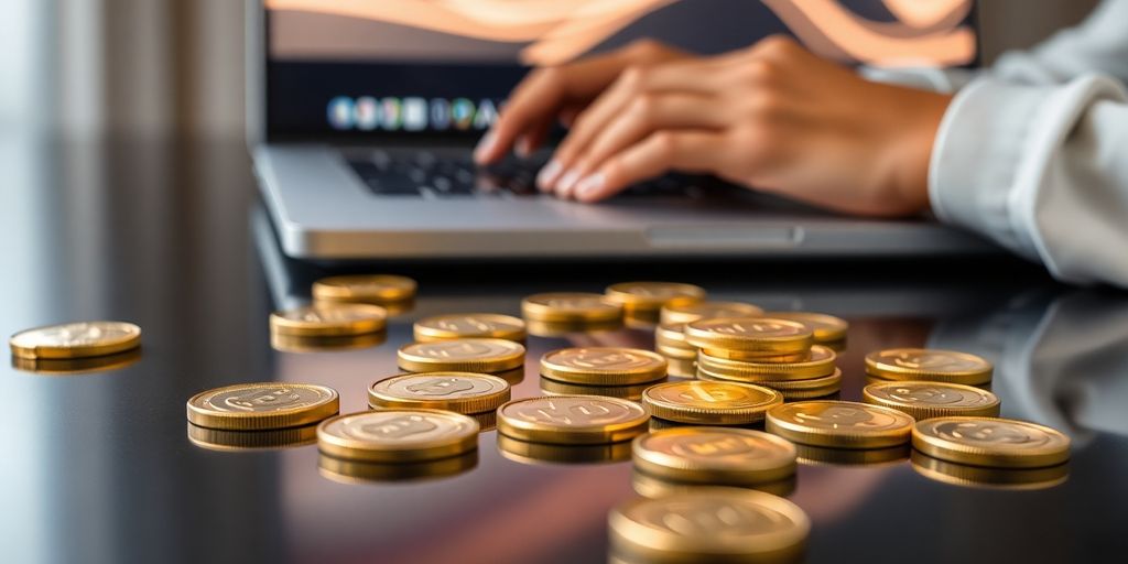 Digital coins, secure laptop, diverse hands using trading app.