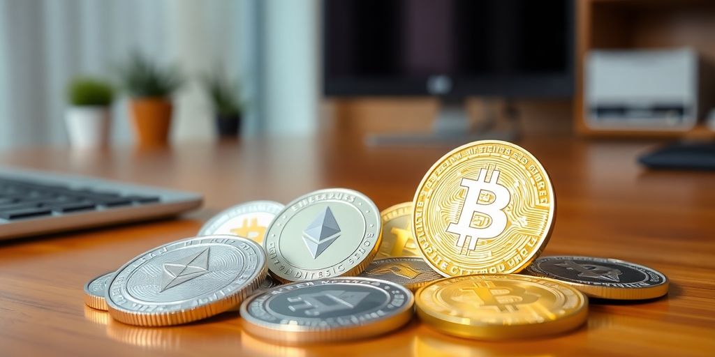 Digital coins scattered on a desk.