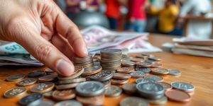 Hands holding diverse coins, vibrant stock market.