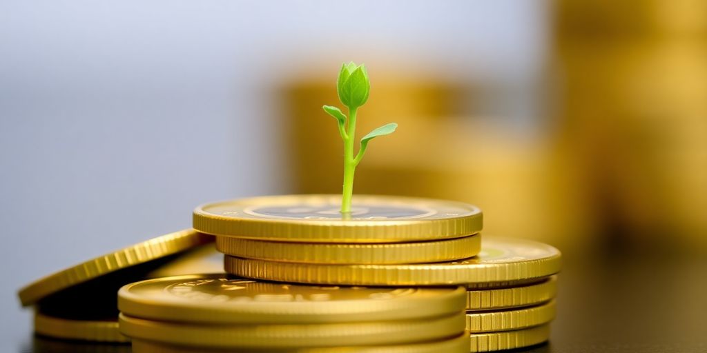 Coins stacked with a small plant growing from them.