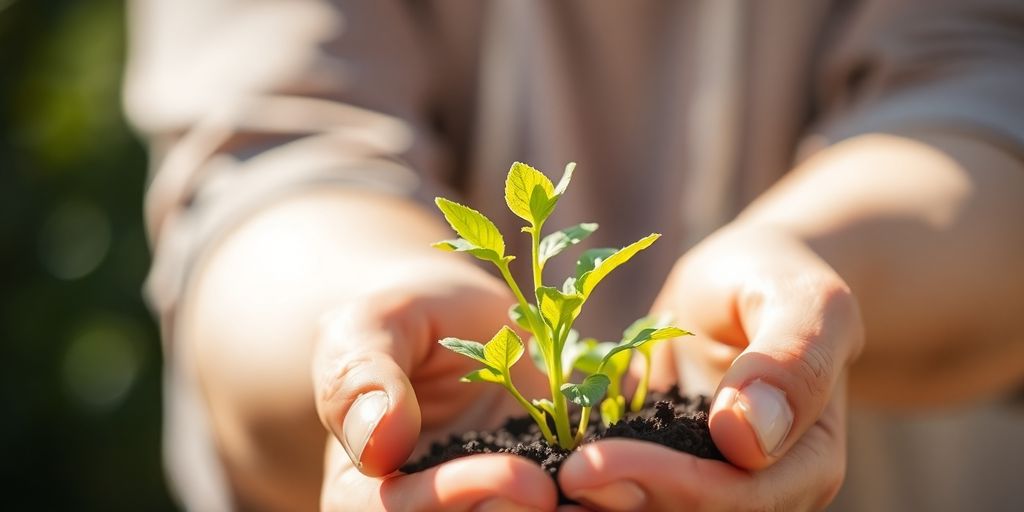 Person studying stocks with growing plants.