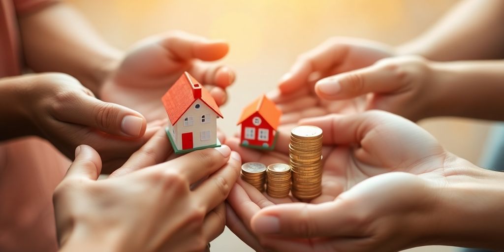 Hands holding diverse miniature financial symbols.