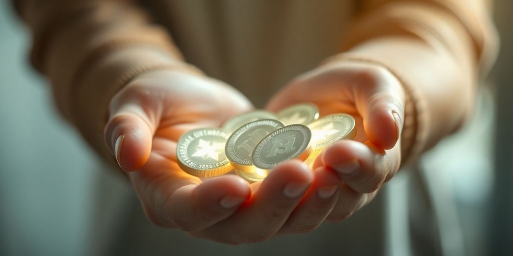 Glowing digital coins in a hand