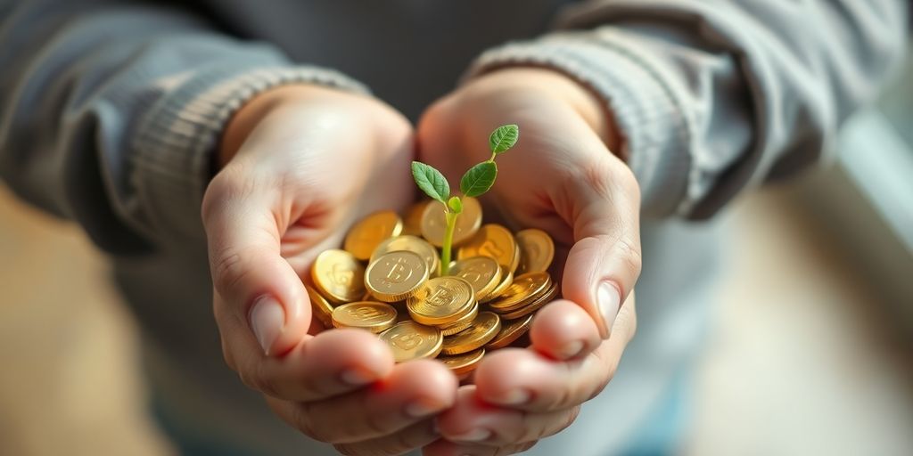 Hands holding coins and growth sprout.