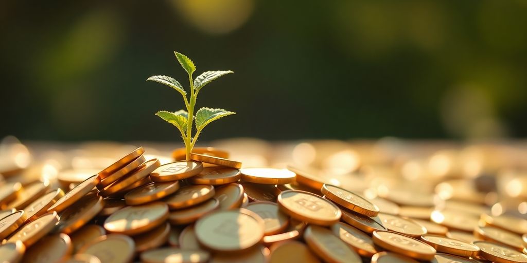 Person looking at a vibrant plant growing from coins.