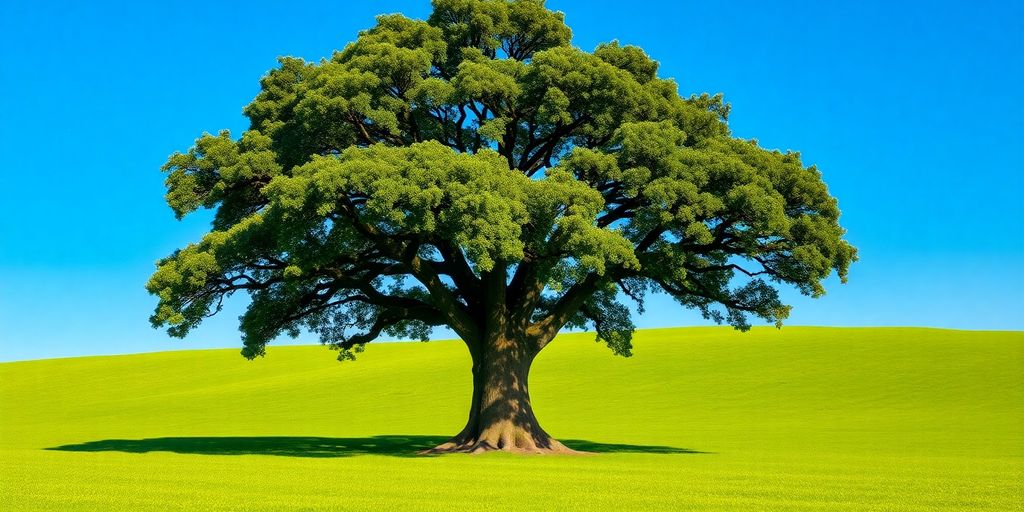 Oak tree thriving in vast, sunlit field.
