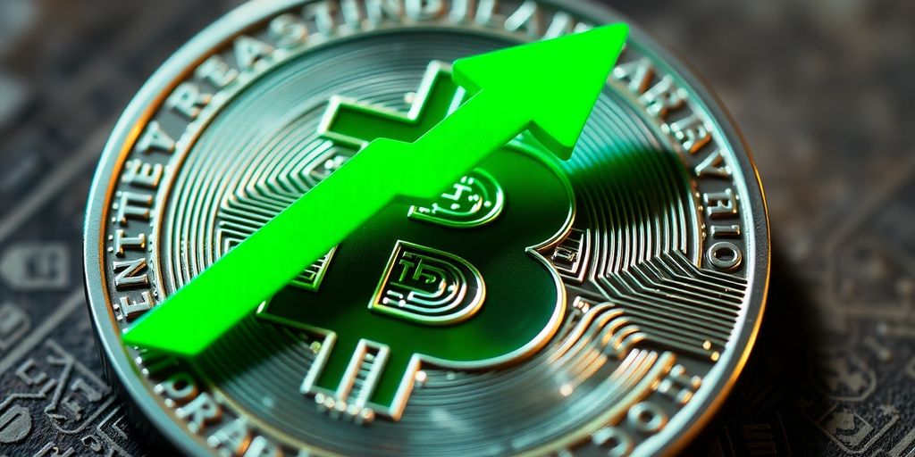 Growth arrow emerging from digital coin.
