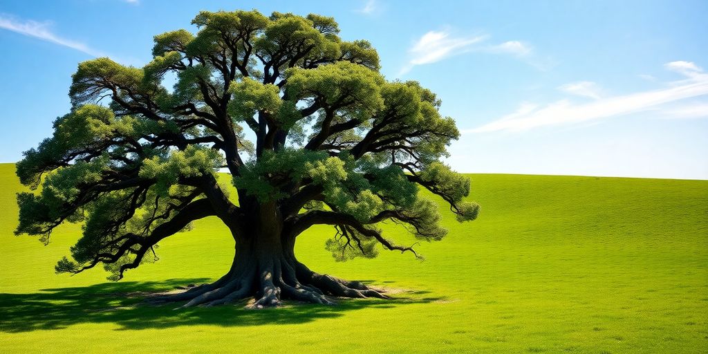 Strong oak tree with deep roots in vibrant green field.