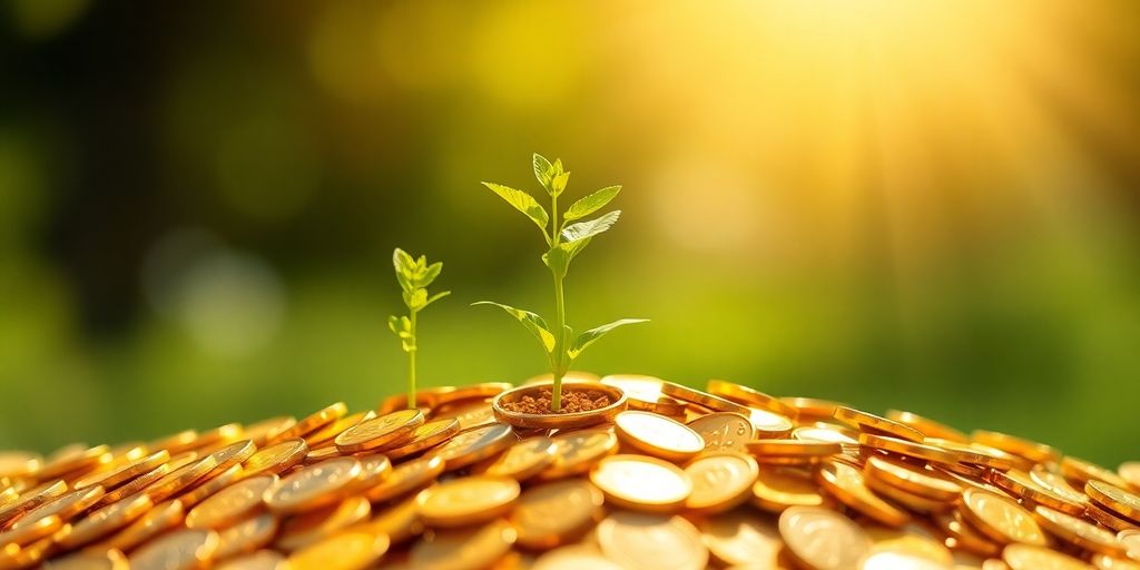 Growing plant with coins and a rising arrow.
