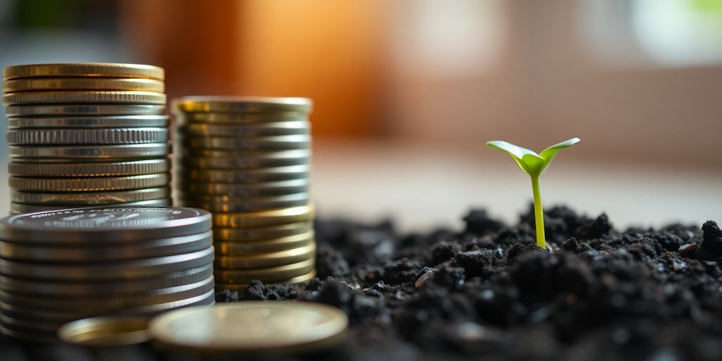 Coins, stacks, green, growing seedling