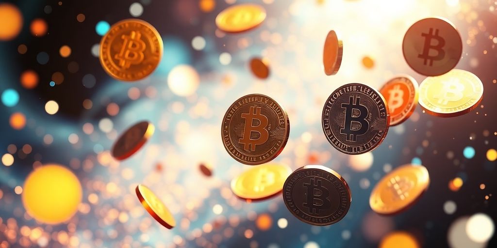 Digital currency coins floating in a luminous, abstract space.