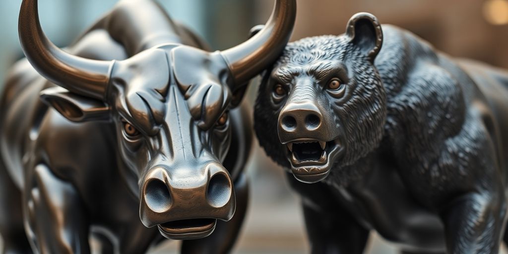 Bull and bear figures facing off.