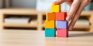 A person carefully arranging colorful blocks.