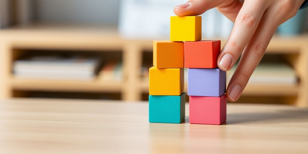A person carefully arranging colorful blocks.
