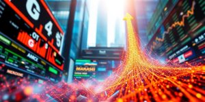 Bright, dynamic market scene with upward financial movement.