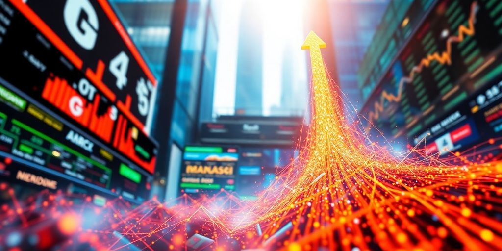 Bright, dynamic market scene with upward financial movement.