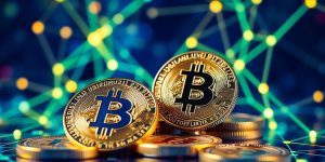 Abstract digital coins and glowing network.