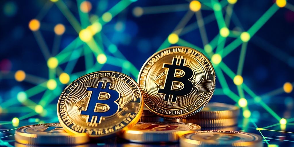 Abstract digital coins and glowing network.